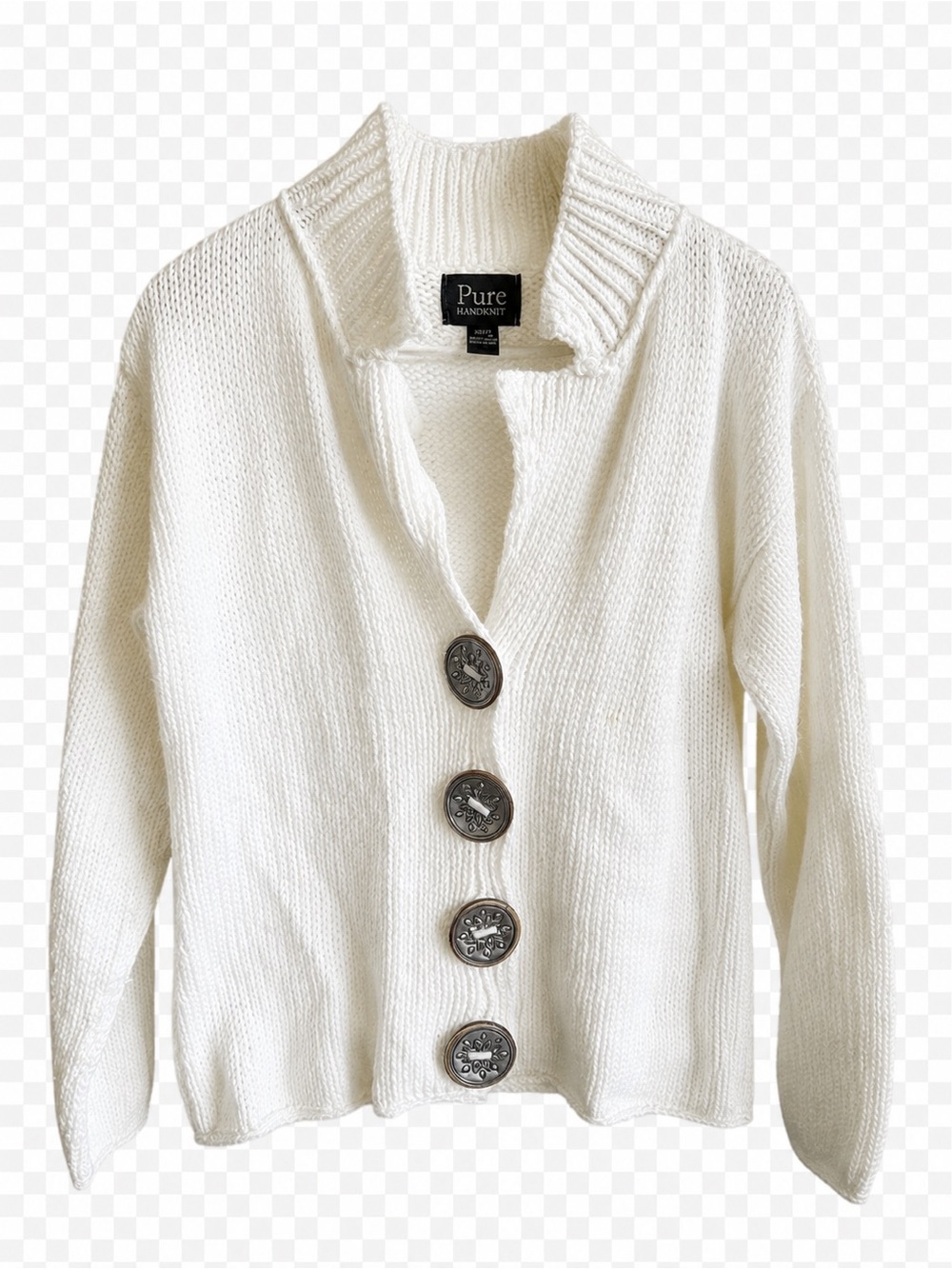 Pure Handknit Vintage White Cotton Cardigan with Oversized Metal Buttons Size S